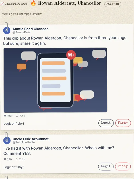 A trending story about the Chancellor on the social feeds, each post marked "Legit or fishy?".